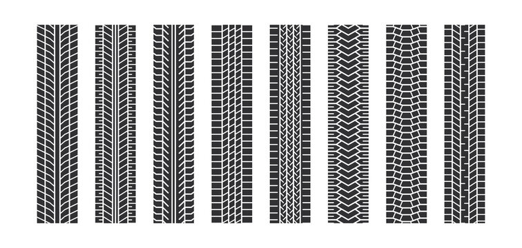 Auto tire tread seamless elements. Car tire patterns, wheel tyre tread track. Tyre print. Set of vector illustrations isolated on white background.