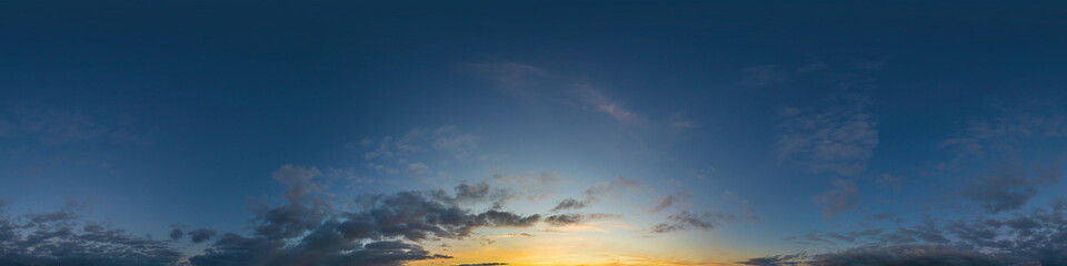 Dark blue twilight sky panorama with Cumulus clouds. Seamless hdr 360 panorama in spherical equiangular format. Full zenith or sky dome for 3D visualization, sky replacement for aerial drone panoramas