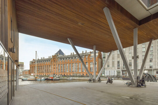 Panoramic view of a modern high tech residential complex made of wood in geometric style
