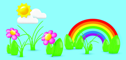 Summer cartoon landscape. Flowers, grass, leaves and rainbow on the lawn