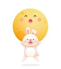 Cute rabbit mascot character with moon, traditional festival in China and Taiwan: Mid-Autumn Festival