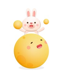 Cute rabbit mascot character with moon, traditional festival in China and Taiwan: Mid-Autumn Festival