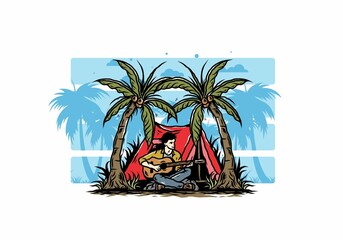 Man with guitar in front of tent between coconut tree illustration