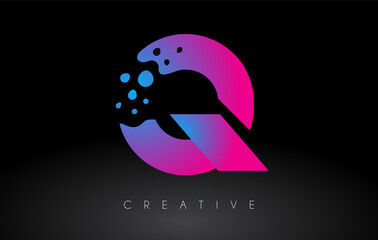 Q Dots Letter Logo Design with Creative Artistic Bubble Cut in Blue Purple Colors Vector