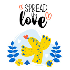 Postcard Spread love. Decorative blue-yellow bird with red heart in its beak on background of flowers. Vertical postcard. Vector illustration for decor, design, print, covers and postcards, valentine