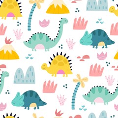 Fototapeta na wymiar seamless pattern with cartoon dinosaurs, decor elements. Colorful vector flat style for kids. Animals. hand drawing. baby design for fabric, print, wrapper, textile