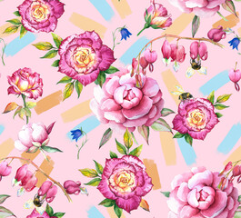 Bright Textile Feminine Watercolor Botanical Floral Painted Fashionable Stylish Decorative Pattern Fabric Wallpaper Tile Seamless with bees pink rose flowers and bells.