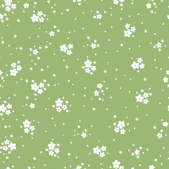 Simple vintage pattern. Small white flowers and dots . green  background. Fashionable print for textiles and wallpaper.