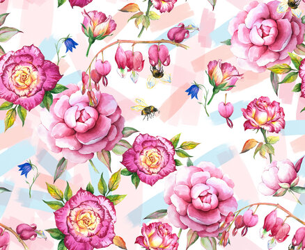 Bright Textile Feminine Watercolor Botanical Floral Painted Fashionable Stylish Decorative Pattern Fabric Wallpaper Tile Seamless with bees rose flowers on pink.