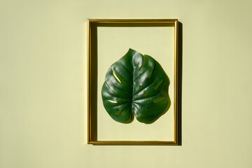 Green leave monstera in golden frame on yellow.