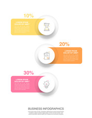 Modern vector infographics design template. Concept with three steps, labels. Creative timeline with graph elements, percentage circles and icons. Performance analysis in percent