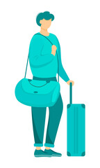 Fototapeta premium Male traveler with baggage semi flat color vector character. Arriving at airport. Standing figure. Full body person on white. Simple cartoon style illustration for web graphic design and animation
