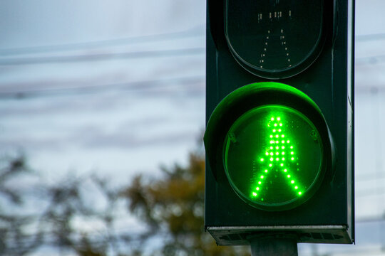 Allowing Traffic Light At The Railway Crossing. Green Man