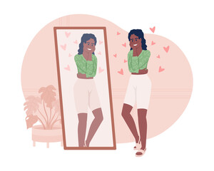 Positive woman near mirror at home 2D vector isolated illustration. Cheerful flat character on cartoon background. Self esteem colourful editable scene for mobile, website, presentation