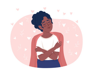 Tranquil lady hugging herself 2D vector isolated illustration. Self accepting flat character on cartoon background. Love and care colourful editable scene for mobile, website, presentation