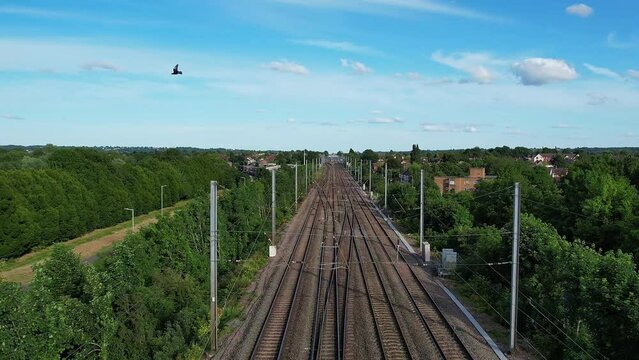Aerial drone's footage of British Railways Tracks and Town of England