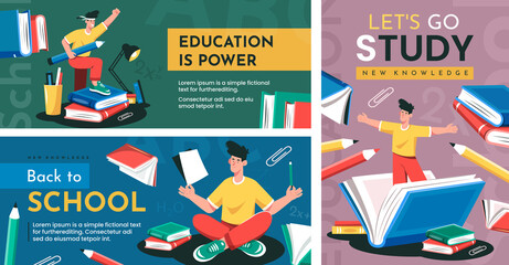 Motivational Education Banners. The concept of learning and self-education. Young guy, books and stationery. Flat illustration.