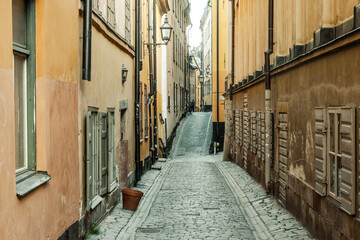 Fototapeta na wymiar Old cobbled street of Stockholm
