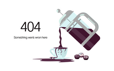 404 error not found web page with coffee pot and spilled over a cup of coffee