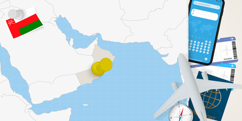 Travel to Oman concept, map with pin on map of Oman. Vacation preparation map, flag, passport and tickets. - obrazy, fototapety, plakaty