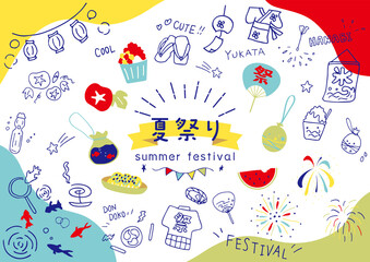 Fototapeta premium 夏祭りのてがきアイコンセット