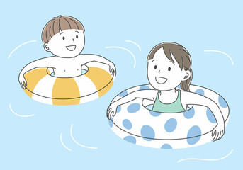 浮き輪で遊ぶ男女のイラスト素材