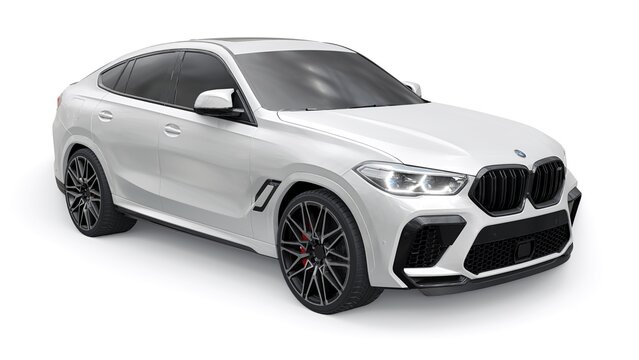 Berlin. Germany. June 10, 2022. White BMW X6M Competition III 2020 F96 on a white background. 3d model of a sports SUV in a coupe body. 3d rendering.