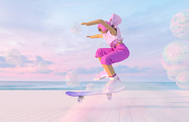 Metaverse avatar girl skateboarding in the virtual summer beach view scene. Future innovations, game and sports concept. 3d rendering. © mim.girl