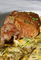 Meat with potatoes close up traditional greek food porn modern high quality prints