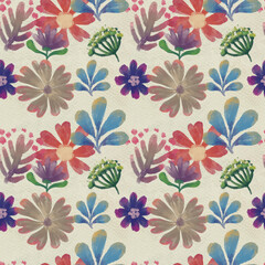 Seamless abstract floral pattern. Flowers texture on watercolor paper background