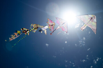 Series of colorful kites flying in the blue sky