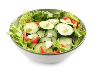 Delicious salad with cucumbers, red bell pepper and feta cheese in bowl isolated on white