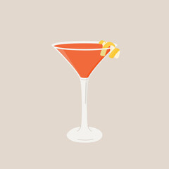 Cosmopolitan Cocktail in martini glass garnished with lemon twist. Summer aperitif drink minimalist square print. Alcoholic red beverage isolated on background. Vector flat style illustration.