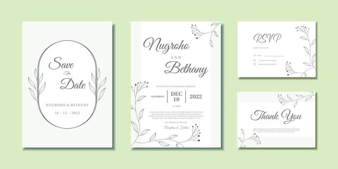 Fototapeta na wymiar Minimal wedding invitation template with abstract leaves ornament