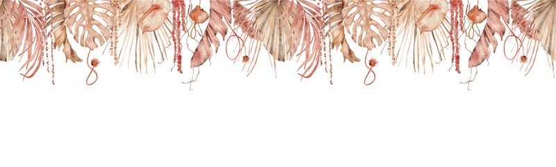 Watercolor tropical frame with dried palm leaves and flowers Hand-painted exotic illustration