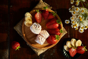 Sweet natural sugar free marshmallows with banana and strawberry taste. Healthy sweets, natural snacks in low key