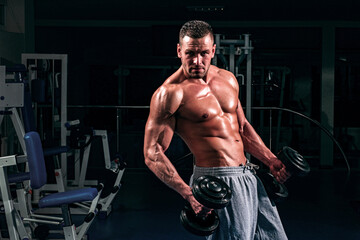 Fototapeta na wymiar Sporty lifestyle. Male bare torso. Fitness workout with dumbbells. Gym training. Man with six packs.