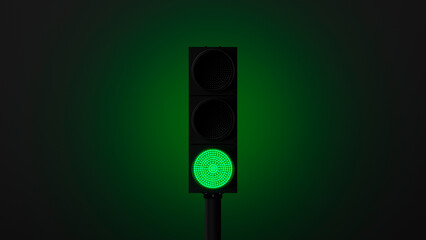 glowing green traffic light with green backlight on a dark wall. Symbol of movement or go. 3d render - Powered by Adobe