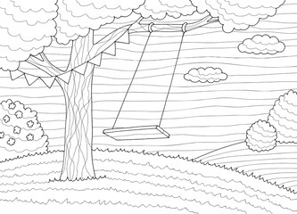 Tree swing coloring graphic black white forest glade landscape sketch illustration vector 