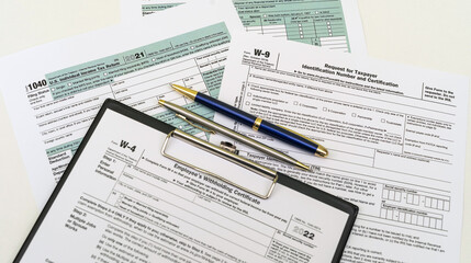 Obraz premium top view of tax forms on tablet on office desk with calculator and pen.