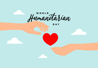 World humanitarian day background with hand give love heart symbol isolated on blue background.