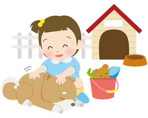 寝ている柴犬を撫で回す女の子