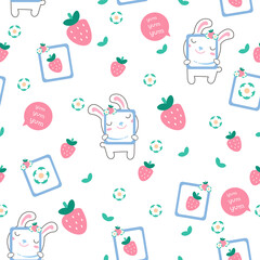 Seamless pattern with cute forest animals in bright colors. Cartoon japanese kawaii style for fabric, background. Vector illustration.