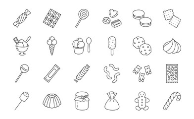 Sweets doodle illustration including icons - candy, marmalade bears, chocolate biscuit, pastry, pudding, ice cream, desert, marshmallow, cracker. Thin line art about confectionery. Editable Stroke