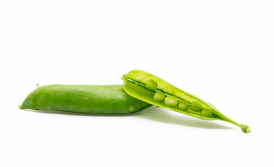 Fresh green pea pod with beans isolated on white background with clipping path.