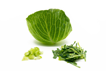 Fresh green Cabbage slices close up isolated on white background