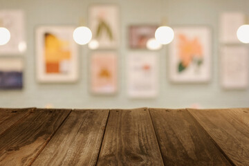 Fototapeta na wymiar Top wood tableBlur minimal cafe shop midcentury style background. cafe in store Blur Background or design key visual layout