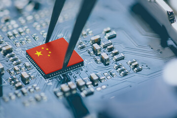 Flag of China on a processor, CPU Central processing Unit or GPU microchip on a motherboard. China...