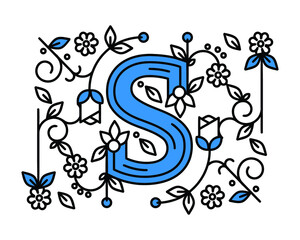 Vector of Letter S in the old vintage style, ABC concept type as logo, Typography floral design