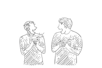 Hand drawn of buddies playing smart phone together and having fun. Vector illustration design.